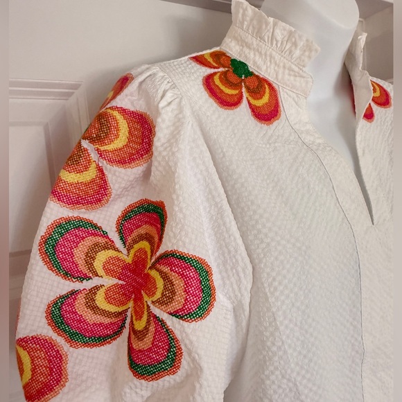 Like New THML White Embroidered Puff Sleeve Textured Boutique Top, Size X-Small. - Picture 7 of 10
